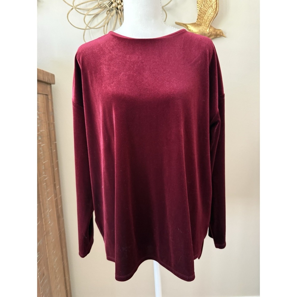 J Jill Velvet Top‎ Womens Medium Burgundy Long Sleeve Boat Neck Stretch Velour